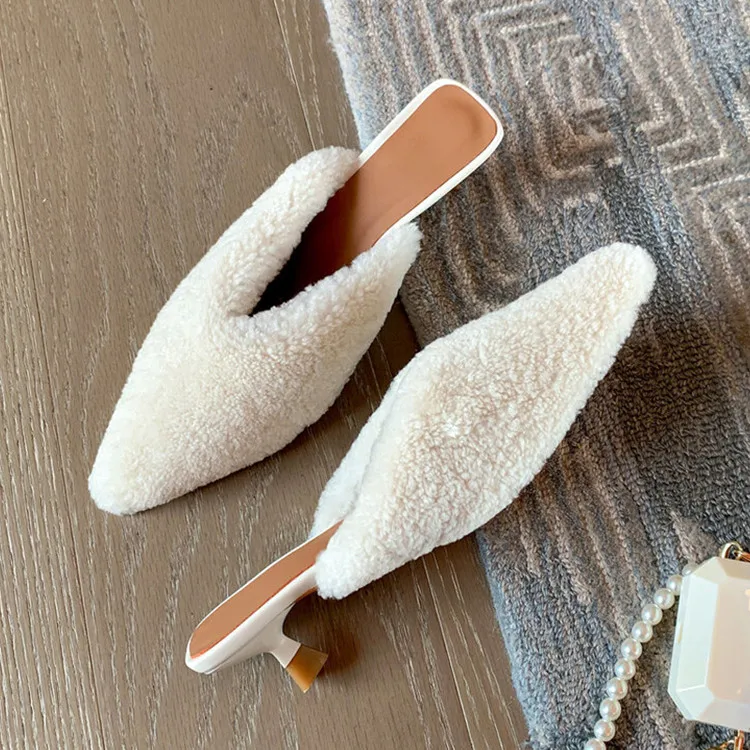 

2023Spring New Women Pumps Beige Lambswool Single Mule Shoes 4cm High Heels Pink Lady Outside Slippers Black Zapatillas Femmes