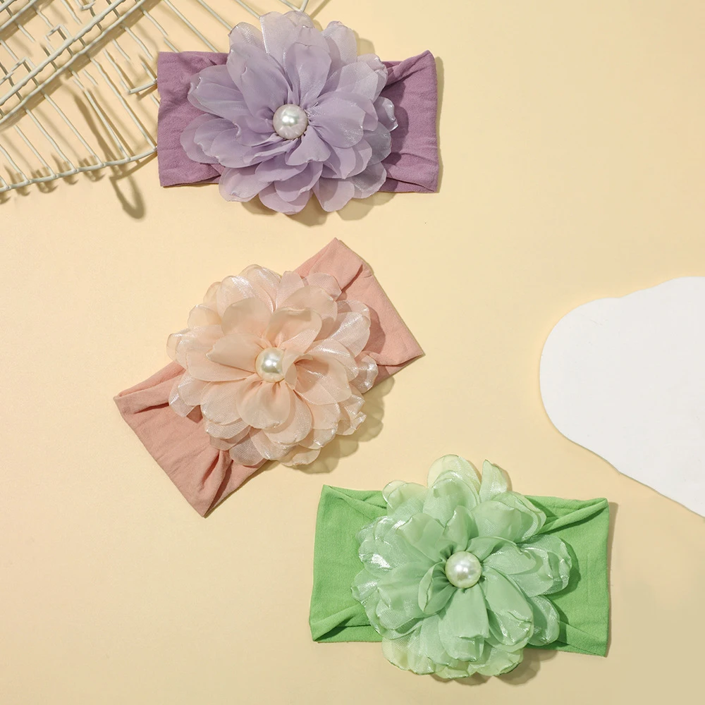 パール大シフォンフラワーヘッドバンドベビー幼児ヘアアクセサリー新生児 PhotoProp ワイドナイロンヘッドバンド子供花ターバン