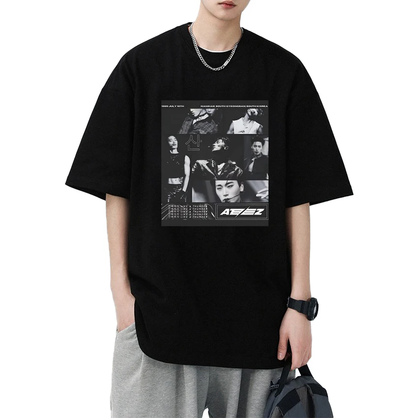 

Kpop ATEEZ Choi San Graphics printed black short sleeve T-shirts New Men Women vintage Y2k T shirt Oversized Cotton Unisex Tops