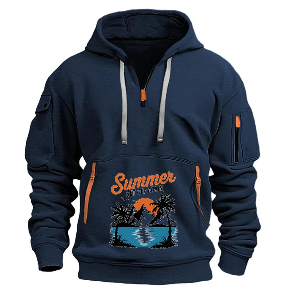 

2026 Summer Set Off Again Print Spring Autumn New Men's Half-Zip Multi-Pocket Cargo Hoodie Casual Harajuku Jacket