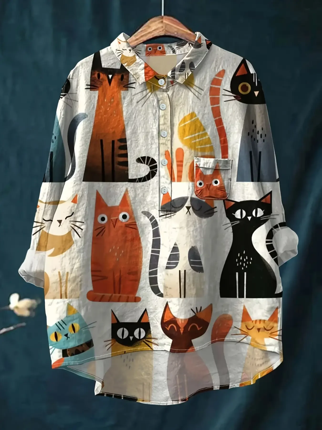 

2026 New Women's Casual Loose Edition Flower Printed Button Up Shirt - I like all kinds of cute kittens Top