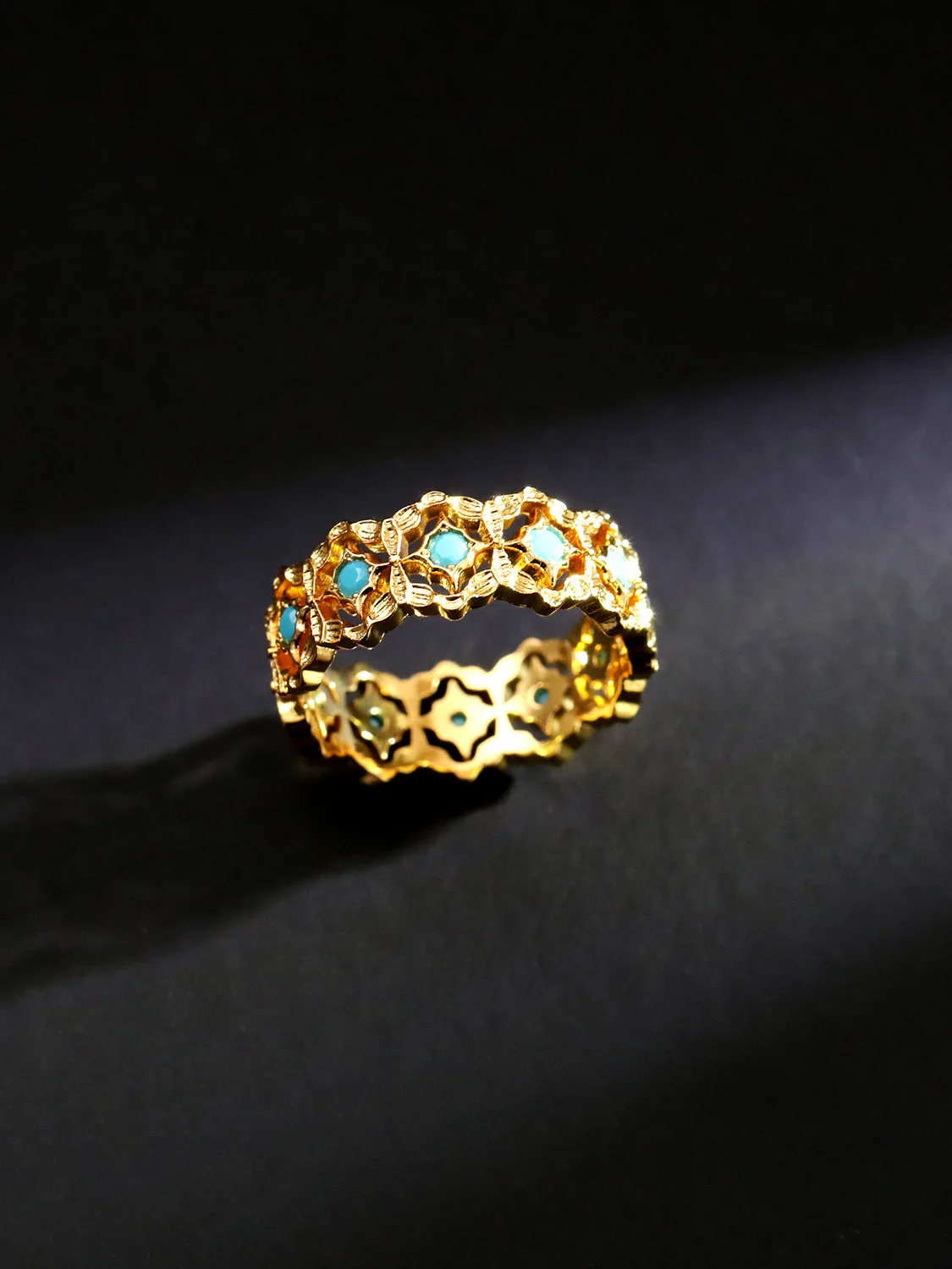 

Винтажное открытое кольцо Ele с решетчатым узором, бирюзой и эмалевым цветком для женщин, модное, роскошное, в дворцовом стиле, позолоченное...
