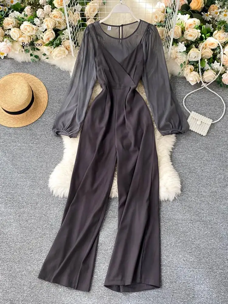 

Vintage Summer Women 2 Piece Sets Fashion Jumpsuit Long Sleeve See Through Tops Spaghetti Strap Rompers Wide Leg Pants 2022 New