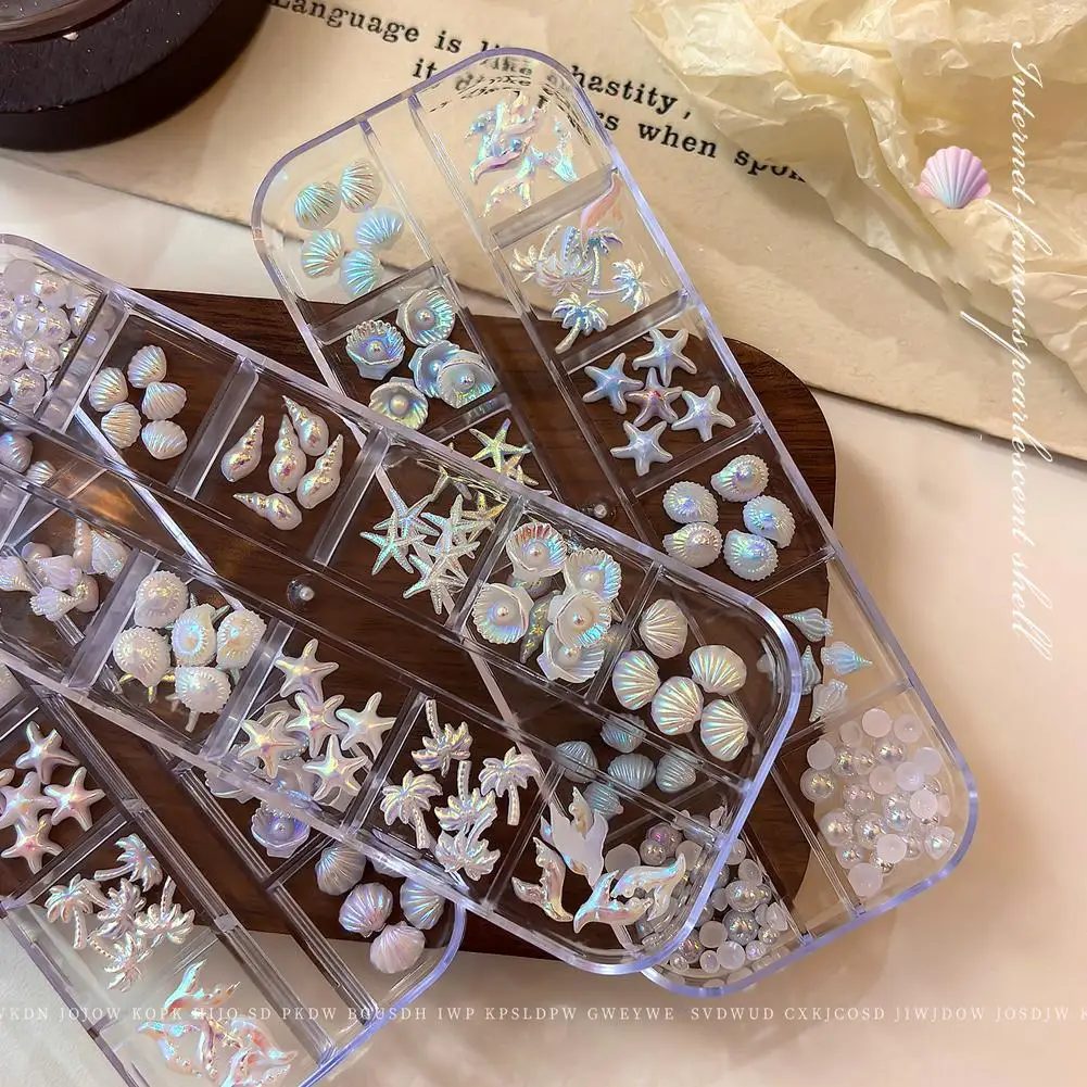 Mixed Starfish Shell Nail Charms 3D Ocean Series DIY Charms Iridescent Starfish Conch Coconut Tree Resin Nail Art Decorations