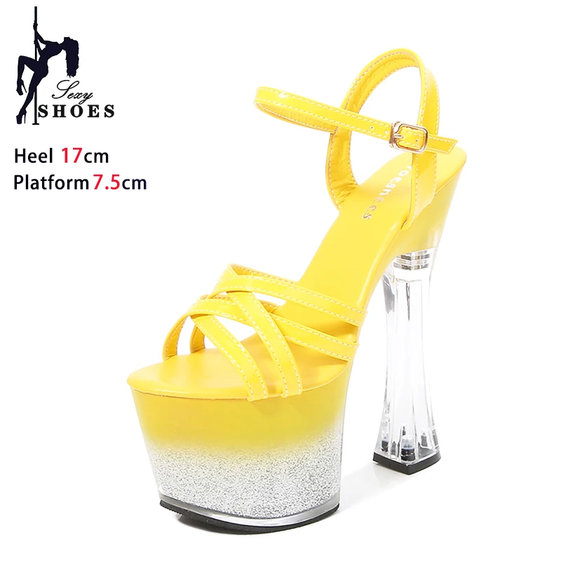 17CM Super High Heels Summer Model Catwalk Sandals Crystal Square Heeled Shoes For Women Gradient Color Platform Pole Dance Shoe