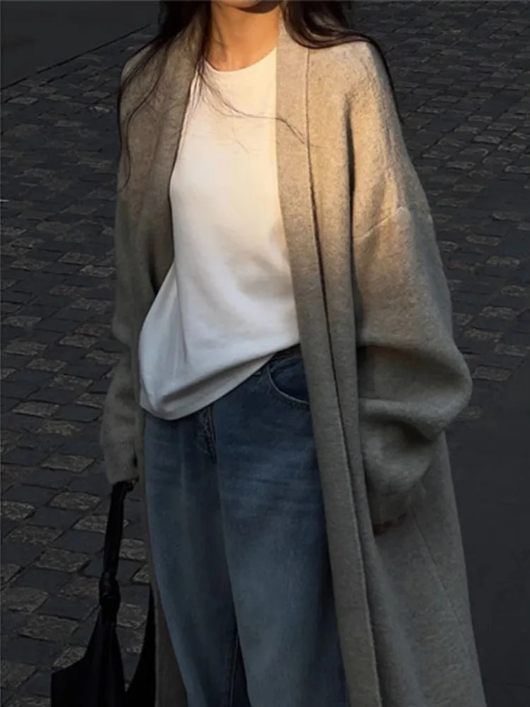 ヴィンテージニットカーディガン女性秋冬厚みのあるグレーエレガントな特大ロングコートスリムフィットルーズフィット居心地の良いセーターニットウェア