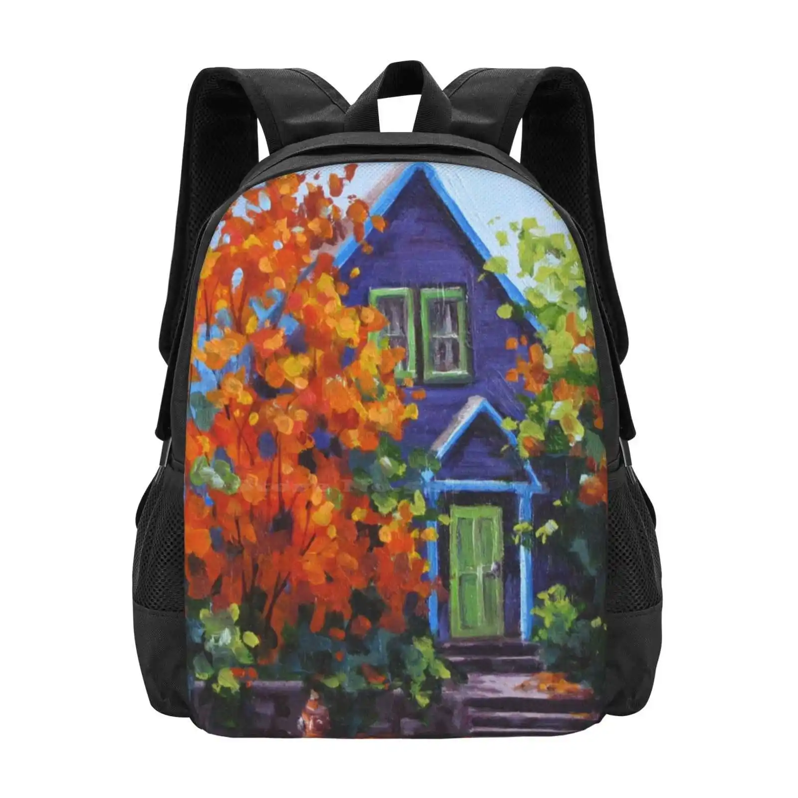 Fall In The Neighborhood Hot Sale Schoolbag Backpack Fashion Bags Fall Autumn Home House Neighborhood Orange Purple Green