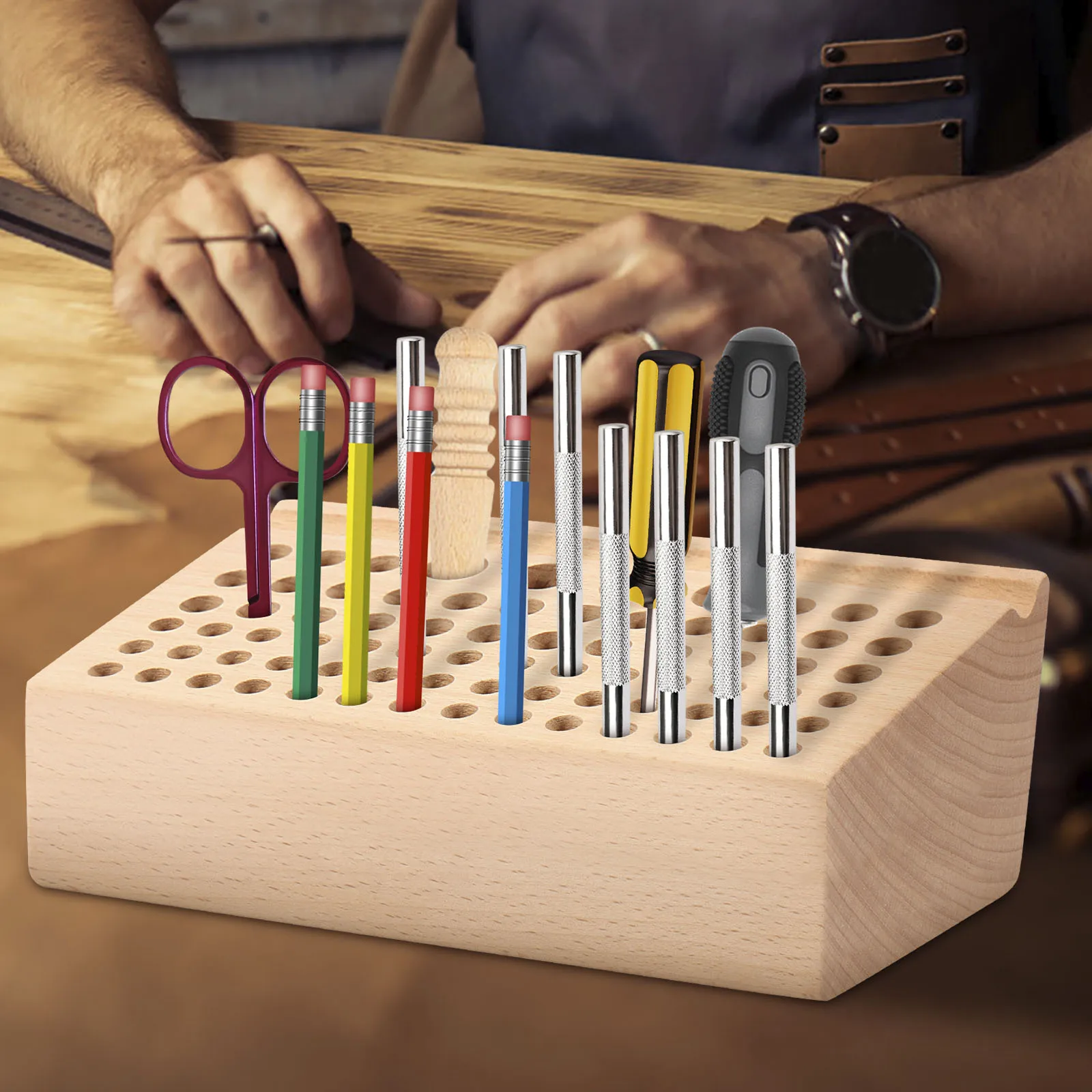 

Органайзер для инструментов Leathercraft, 76 отверстий, кожаный держатель для инструментов, деревянный органайзер для перфораторов для изготовления поделок, стеллаж для хранения перфораторов