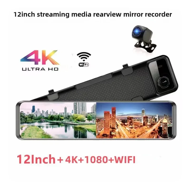 12 inch dash cam streaming media rearview mirror 4K high-definition full screen touch wireless wifi dual lens