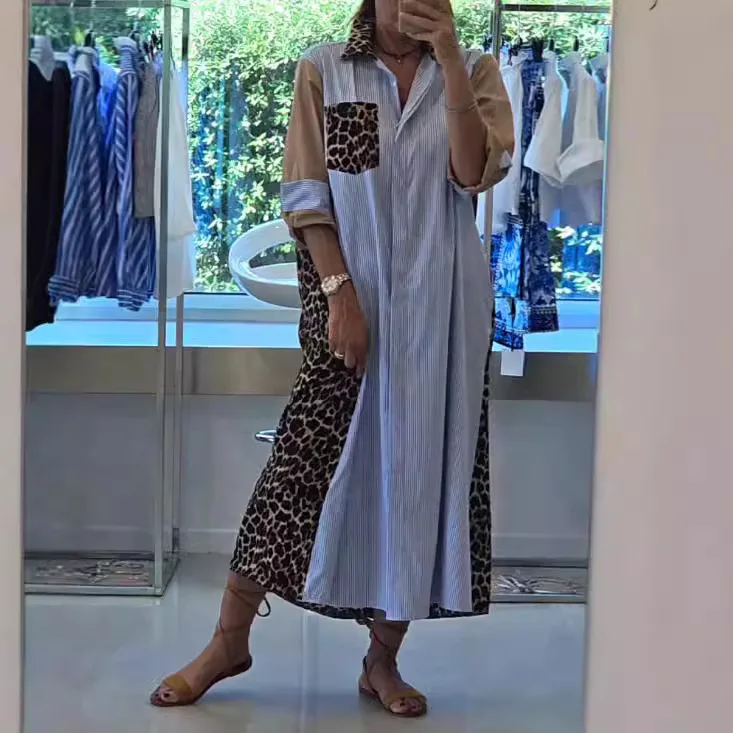 

Women Shirt Dresses Casual Dress Striped Leopard Print Patchwork Pocket Long Sleeve High Waist Loose Single Breasted 2025 Autumn