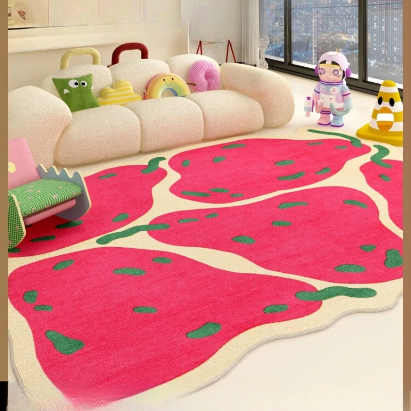 

Pink premium living room waterproof carpet children's bedroom dopamine bedside erasable floor mat cartoon fruit