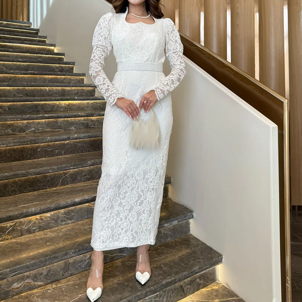 

Customized Straight Evening Dresses Tea-length High-neck Full Sleeve Prom Gown Simple Fashion Lace Sashes Casual Party Gown