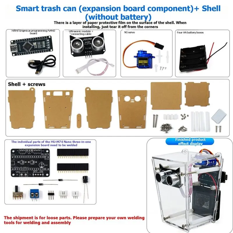 [B24B!】 DIY Kit Smart Trash Can Electronic HXFB Graphical Programming Nano Board Ultrasonic Automatic Sensing