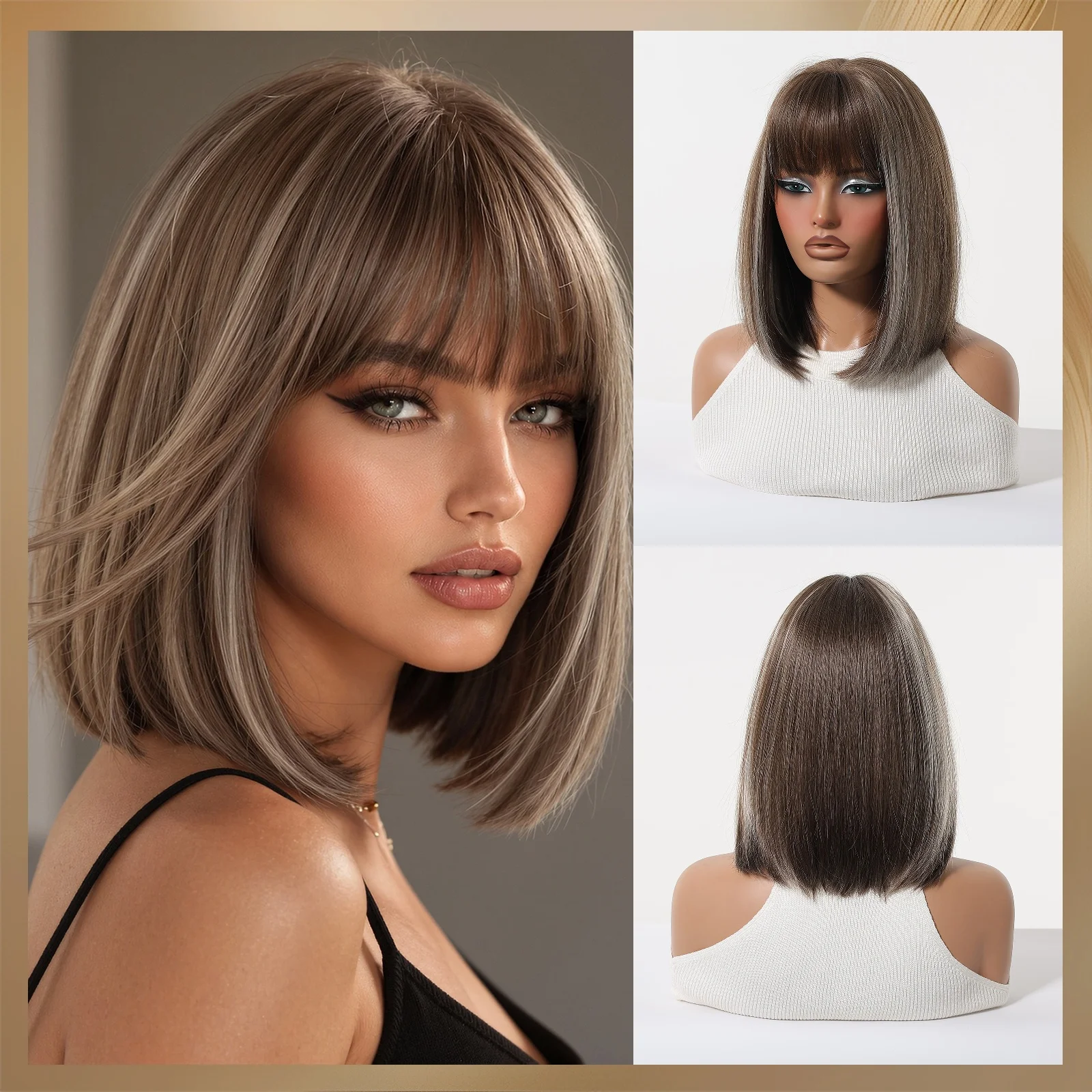 Brown with Silver Gray Highlights Short Bob Wig with Bangs Heat Resistant Natural Looking Wig for Women Daily Party Cosplay