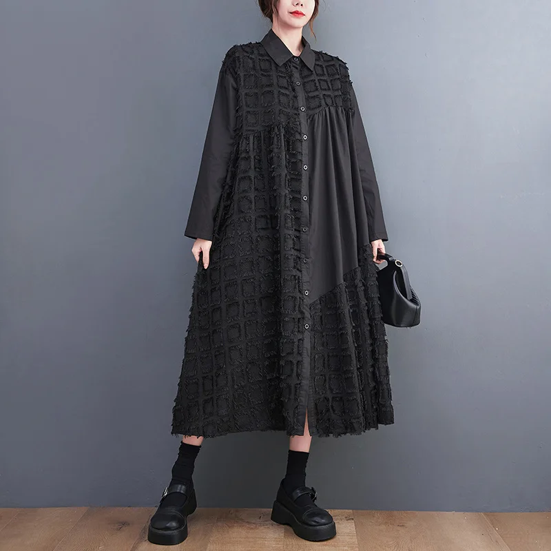 #6808 Autumn Black Long Shirt Dress Women Split Joint Tassels A-line Dress Long Seeve Vintage Midi Dress Female Loose Office 