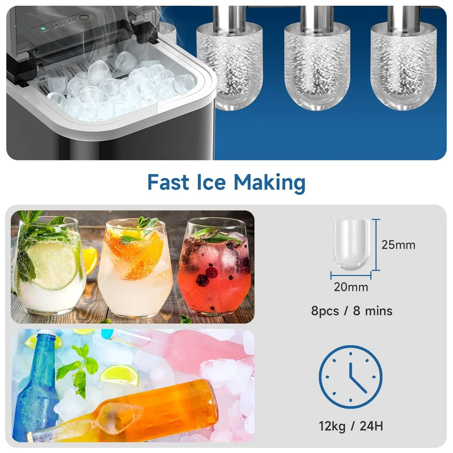 Convenient Self-Cleaning Ice Maker Machine with Handle for Countertop Use, Produces 26.5lbs of Ice in 24 Hours, Delivers 8 Cubes