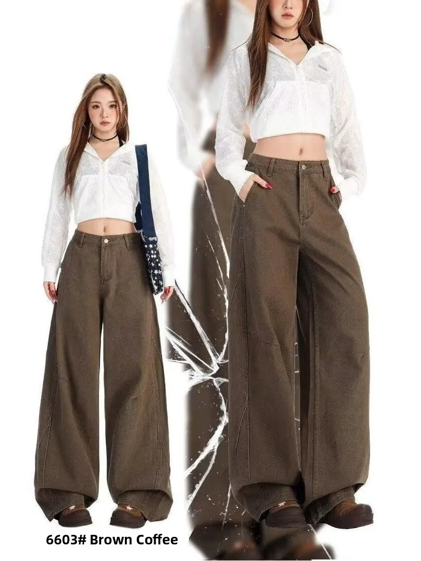 

High Waist Wide Leg Denim Jeans Women's Spring Summer New Pure Color Coffee Loose Retro Versatile Straight Long Pants