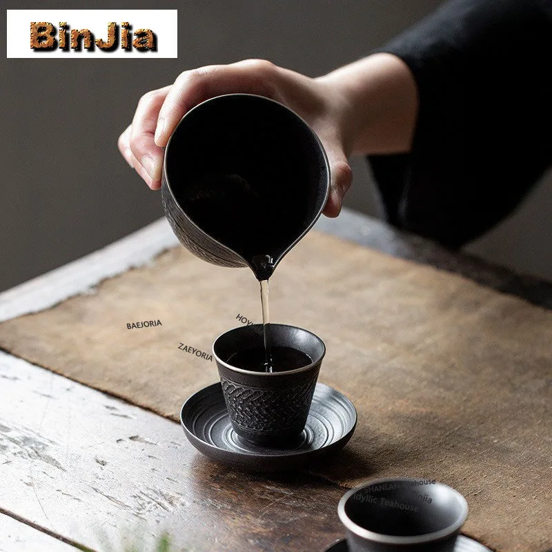 BAEJORIA 175ml Retro Silver Black Handmade Jumping Knife Pattern Tea Pitcher Pour Tea Cha Hai Dispenser Justice Cup Fair Mug