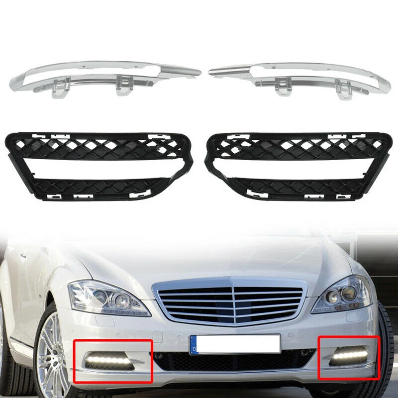 Pair Fog Light Mesh Grills Cover & Molding Trim Chrome For Mercedes-Benz S-Class W221 2009-2013