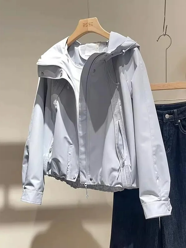 Loose Casual Hooded Jacket Women's Spring Outdoor Sports Style Outerwear Light Blue Korean Version Long Sleeve Coat