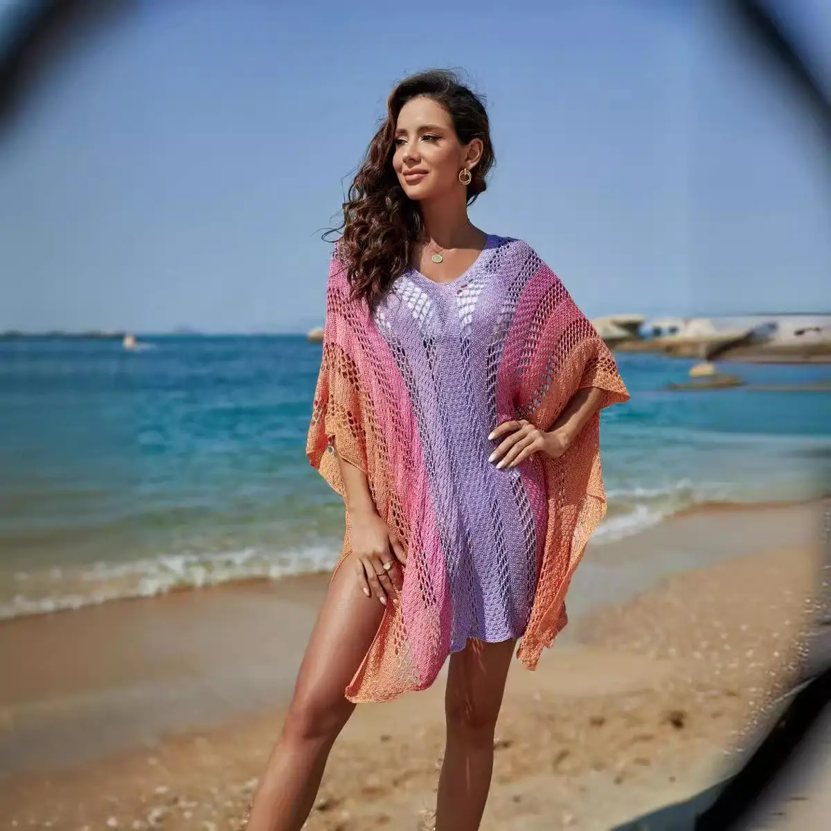 Capa de Praia Assimétrica em Malha Colorida Plus Size para Mulheres, Roupas Protetoras Fashionáveis