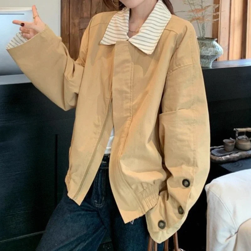 

Vintage Patchwork Striped Collared Khaki Jacket for Men, Autumn Trendy Brand, Casual Loose Fit Leisure Jacket