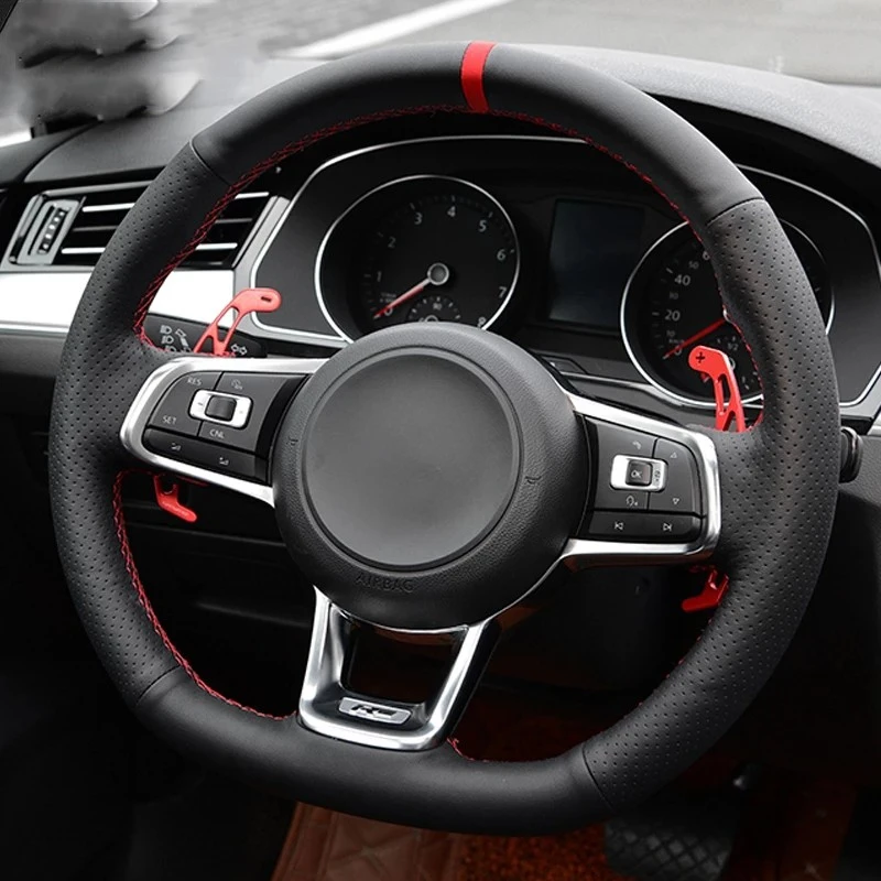 

Car Steering Wheel Cover Black Genuine Leather Braiding For Volkswagen VW Golf 7 GTI Scirocco Polo GTI Up GTI Tiguan R-Line