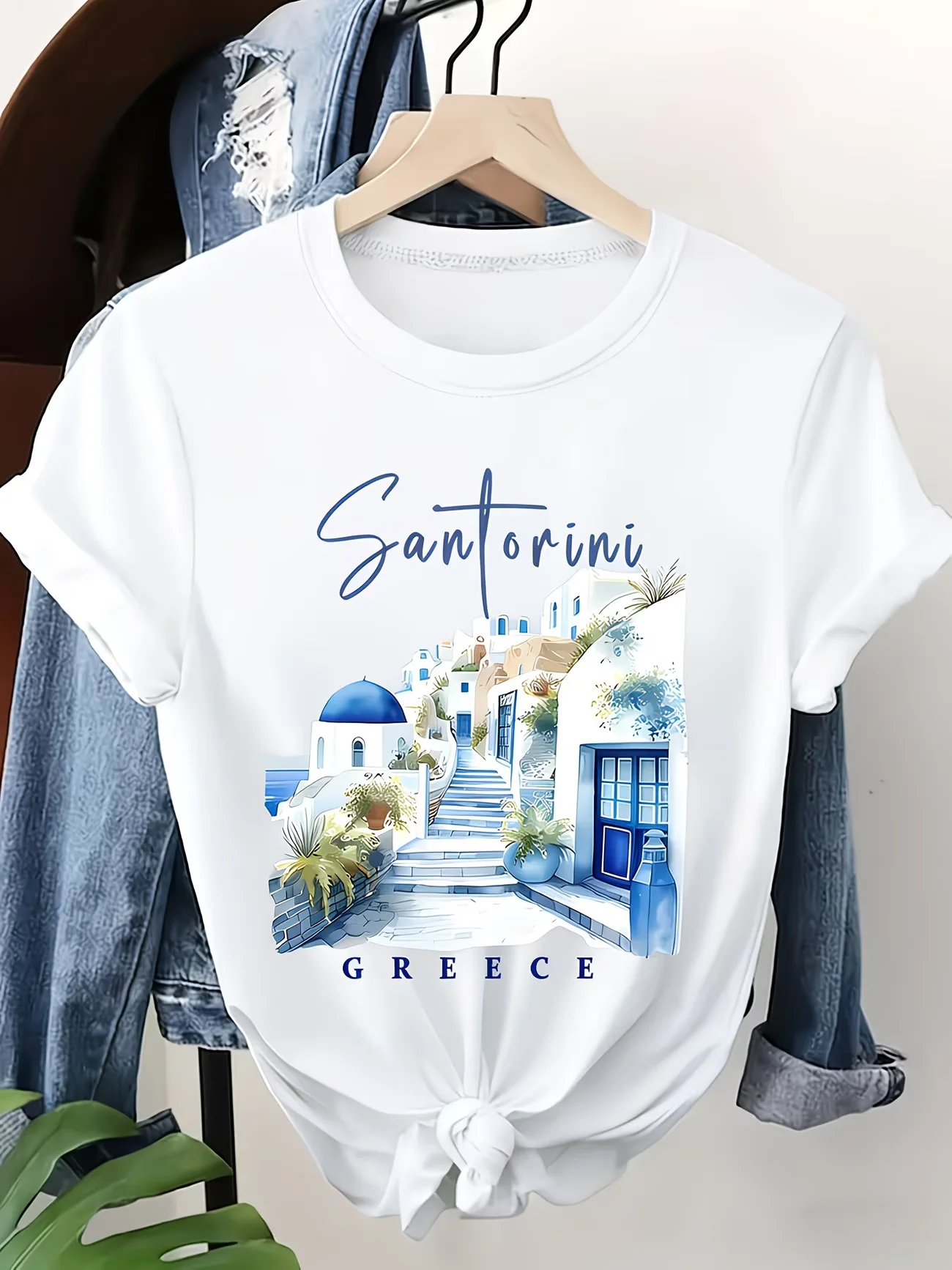 Women's Santorini Greece Print T-Shirt Short Sleeve Neck Casual Top with Blue Dome & Lush Greenery Spring Summer Travel Souvenir