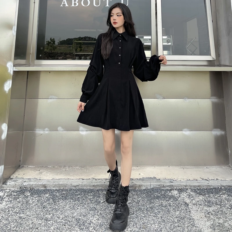 2022 New Plus Size 4XL Women Spring Gothic Y2K Black Shirt Dress Solid Long Sleeve Lapel Button Up Mini Dresses Girl Clothing