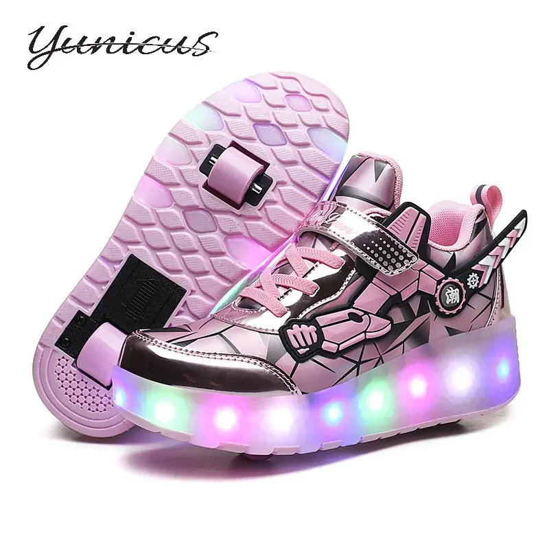 YUNICUS Led Light Roller Skate Shoes for Children Kids Led Shoes Boys Girls Shoe USB Charging Black Two Wheels Luminous Sneakers