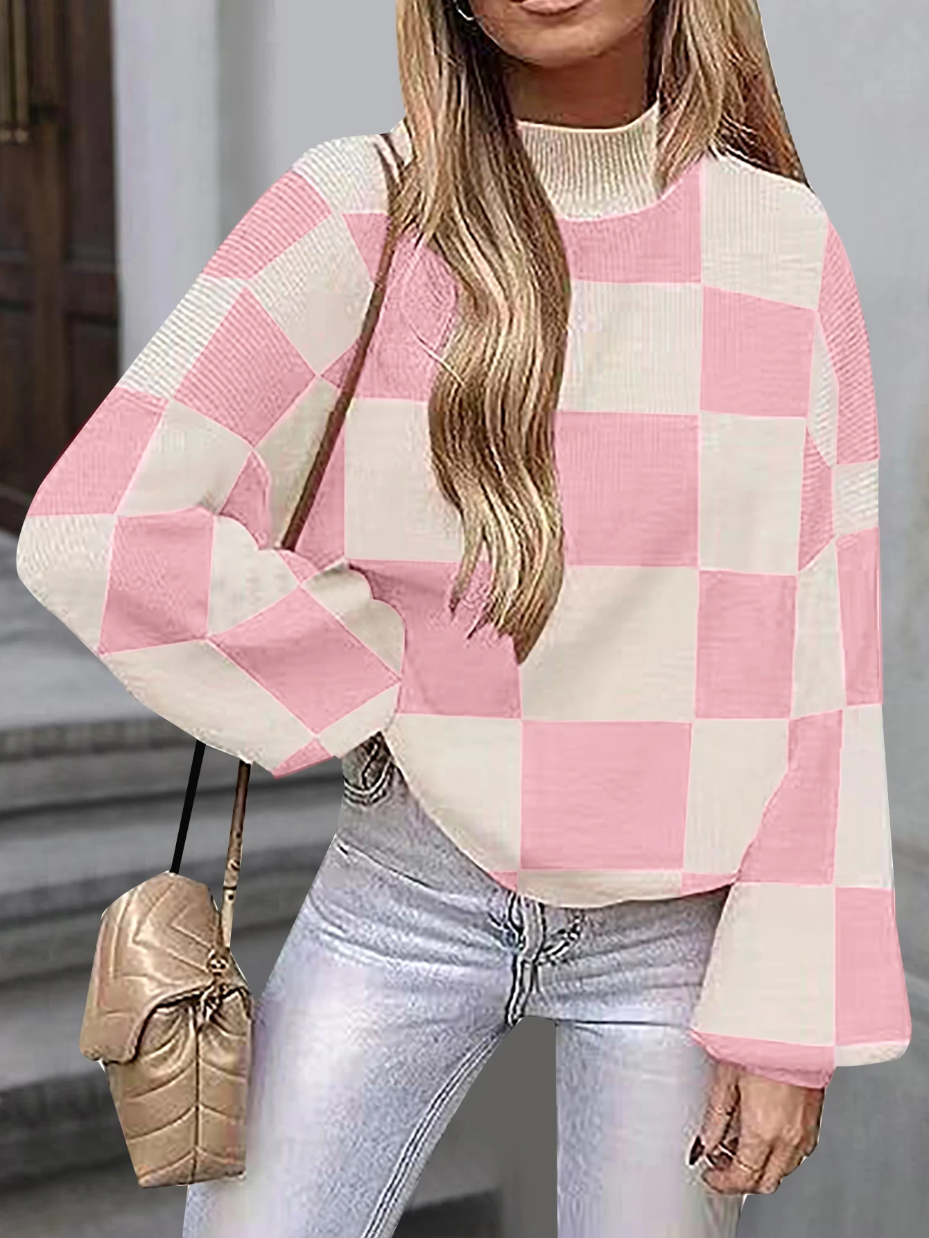 European and American new casual style checkered long sleeved sweet high neck sweater for women