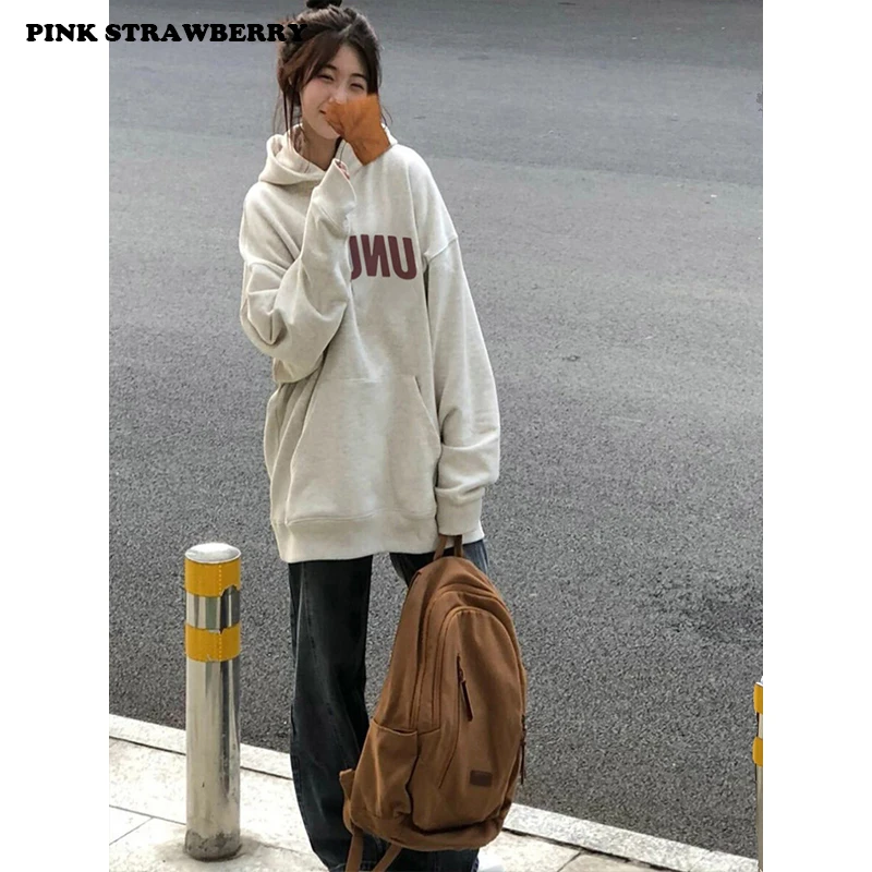 Felpe con cappuccio con stampa di lettere in stile coreano Donna Uomo Autunno Inverno 2025 Nuovo pullover ampio bianco Y2K Top Felpa calda Donna