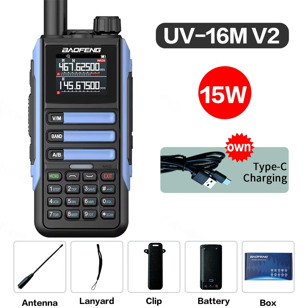 Baofeng Upgrade UV16M V2 Walkie Talkie 15 Вт Высокая емкость AM FM 2-стороннее радио Полнодиапазонный ЖК-дисплей 999CH Частотная копия NOAA Шумоподавление