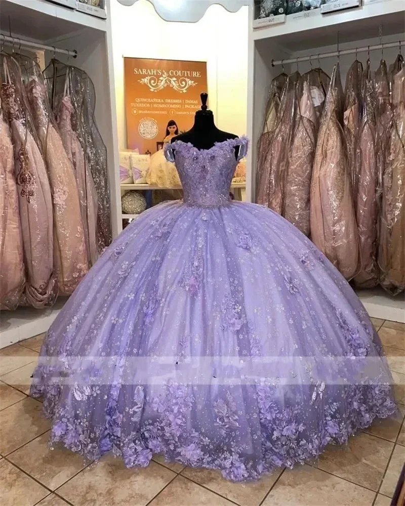 Vintage Purple Princess Quinceanera Dresses Ball Gown Off Shoulder Beaded 3D Flowers Birthday Party Gowns Vestidos De 15 Anos