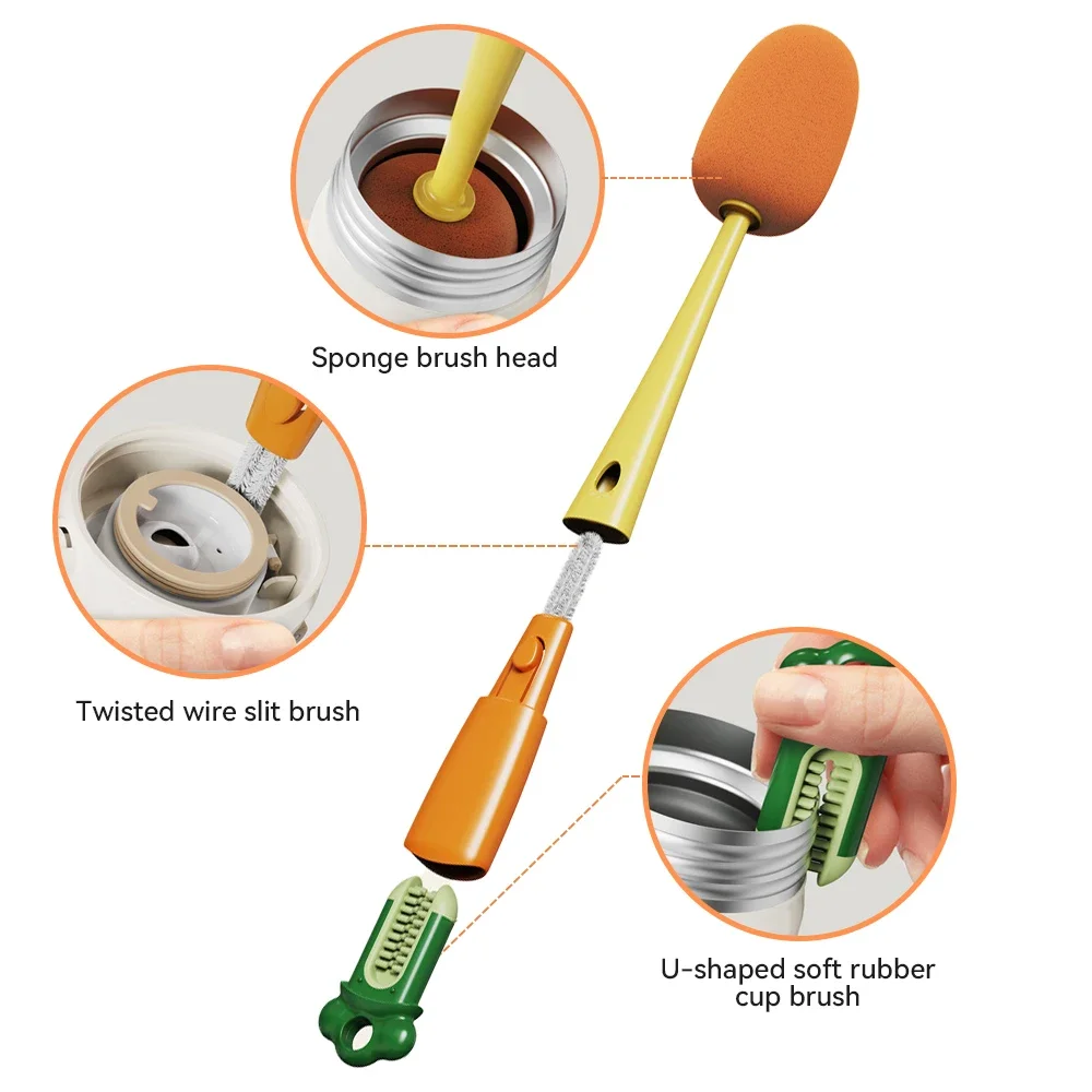 3-In-1 Multi-Functional Cup Brush Carrot Shape Cleaning Brush, Sponge Brush Long Handle Water Bottle Cleaning Brush Cup Cap Gap