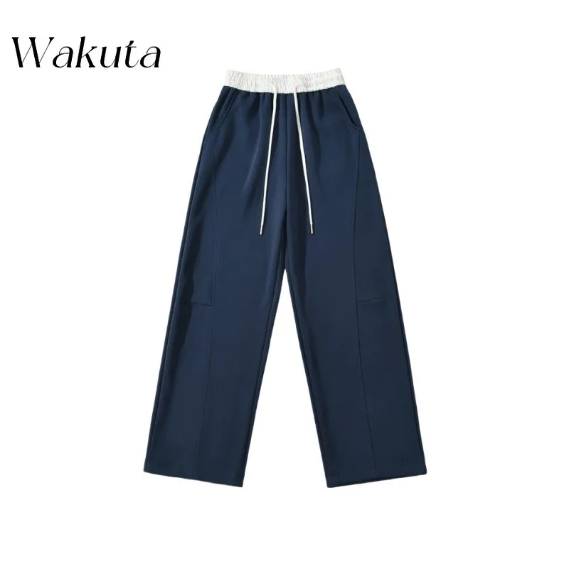 

WAKUTA Street Style Elastic Waist Splicing Color Collision Drawstring Capris Female American Retro Loose Casual Sports Pants