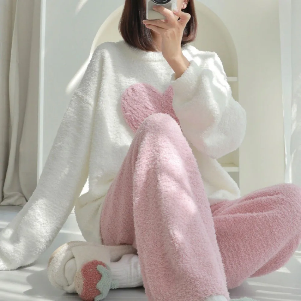 

Зимняя полуфлисовая ночная рубашка Love, женская свободная и флисовая теплая, милая и милая стильная домашняя одежда, комплект из двух предметов