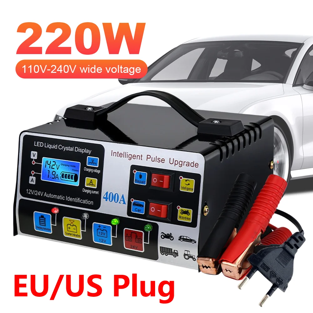 

400A Car Battery Charger 12V/24V Battery High Power Fast Charger 220W Intelligent Pulse Repair Charger Self-Stop Battery Charger