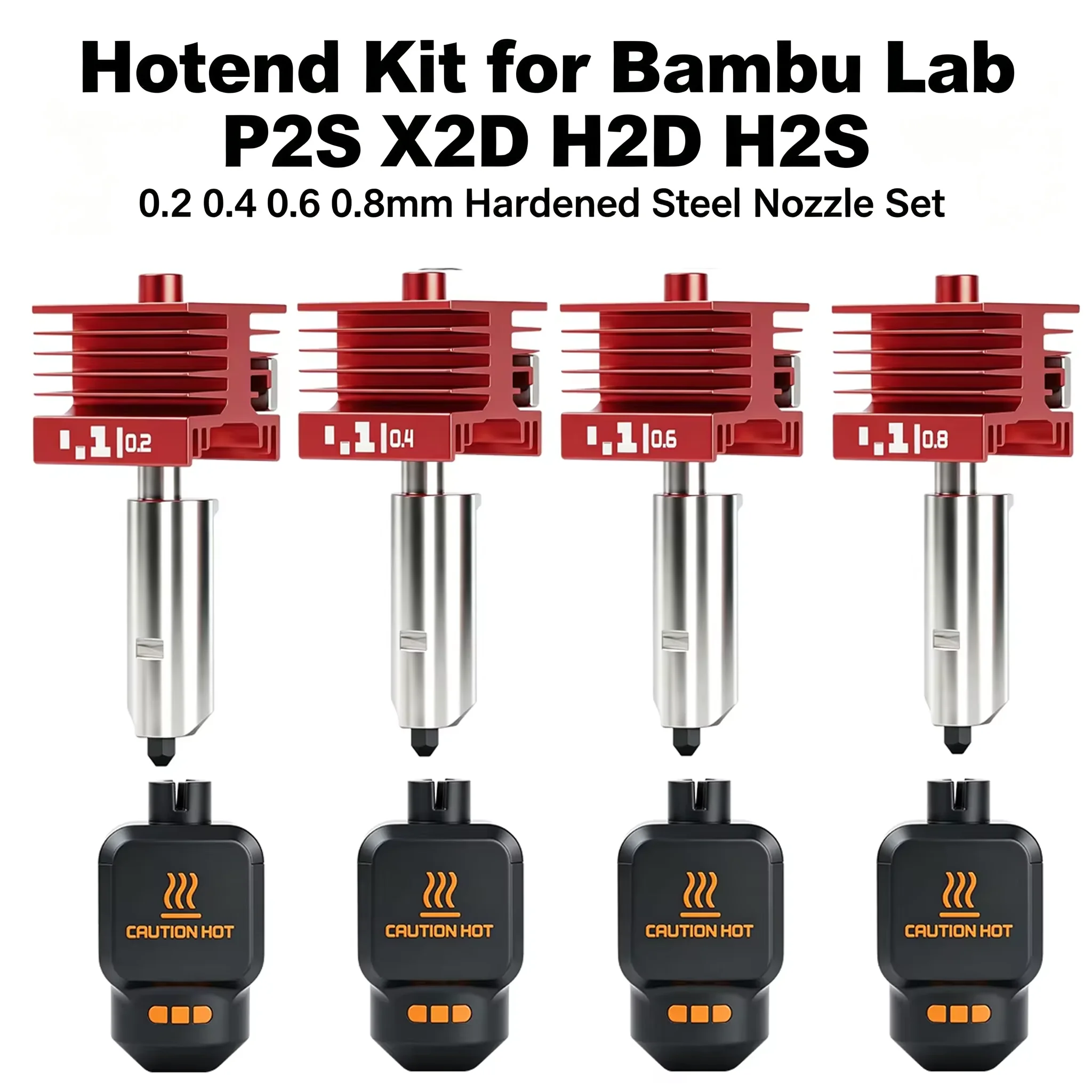 For Bambu Lab P2S X2D H2D H2S Hotend Kit with 0.2/0.4/0.6/0.8mm Hardened Steel Nozzle Replace Hotend Kit For Bambu Lab H2S H2D..