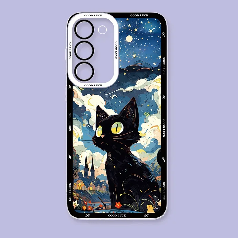 Starry Sky Black Cat Phone Case For For Samsung Galaxy S24 S23 S22 Plus Ultra Clear Cover For Galaxy S23+ S22+ S24+ Shell Fundas