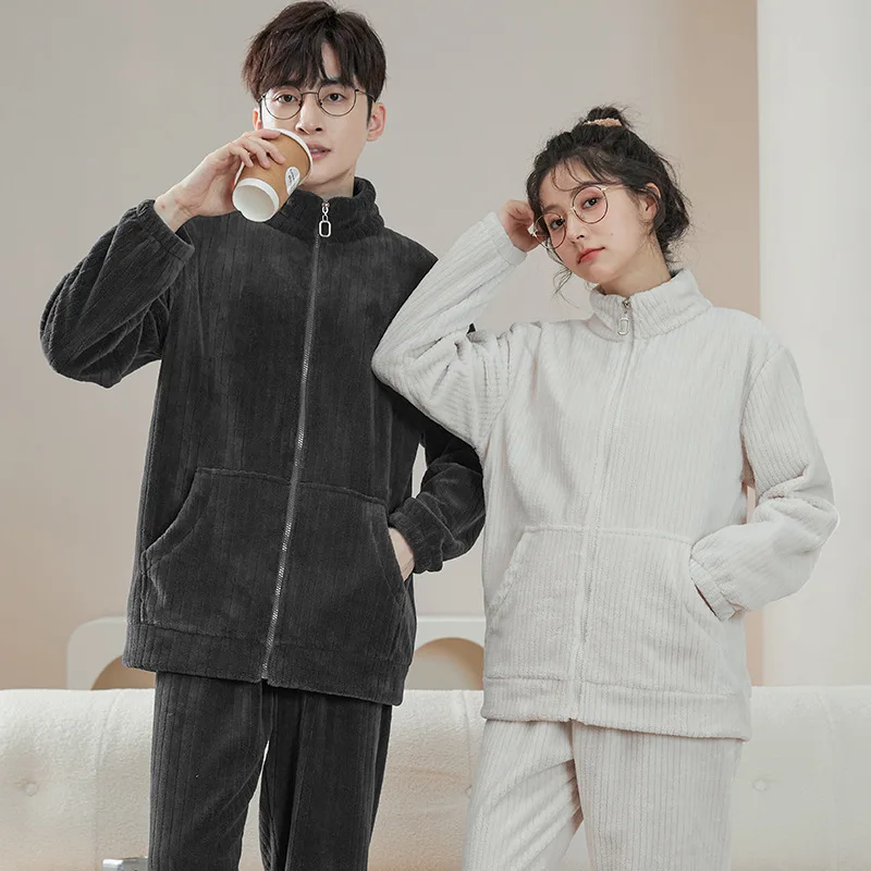 2Pcs Men Women Pajamas Autumn Winter Flannel Thickened Stand-up Collar Coral Fleece Couple Loungewear Set Can Be Worn Outside