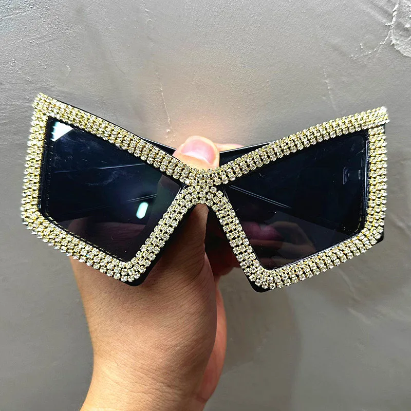 Diamant Quadrat Sonnenbrille Frauen Luxus Strass Großen Rahmen Sonnenbrille Weibliche Outdoor UV Schutz Kristall Damen Brillen – Detail 6
