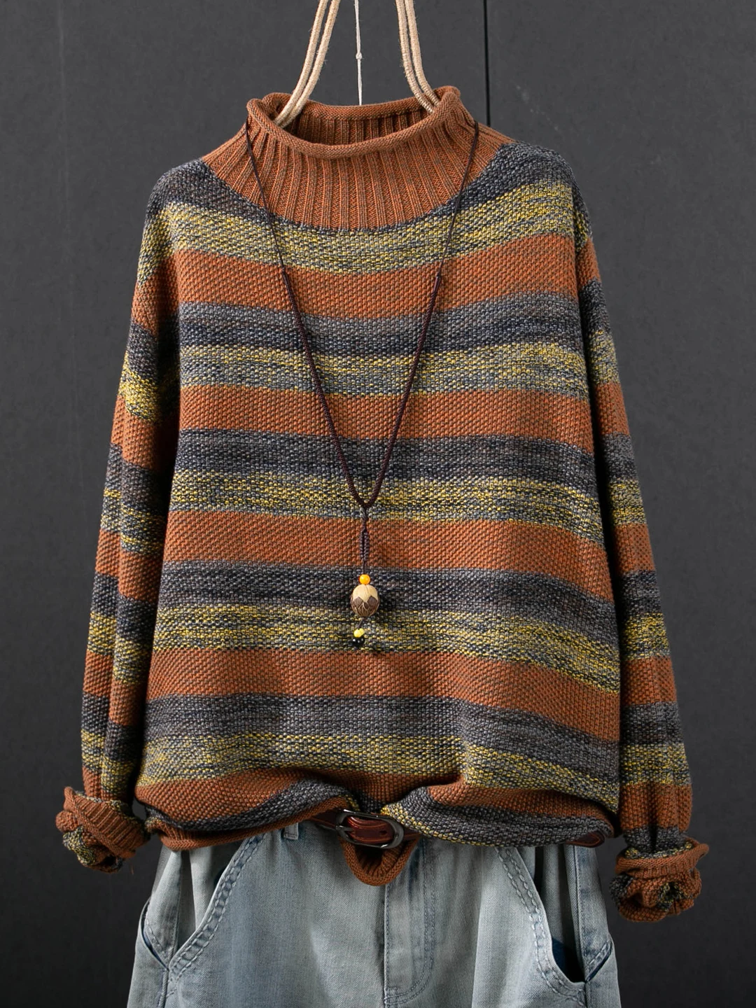 

100% Cotton Women Casual Sweaters New Arrial 2025 Autumn Simple Style Half High Collar Striped Female Knitted Pullovers M2109