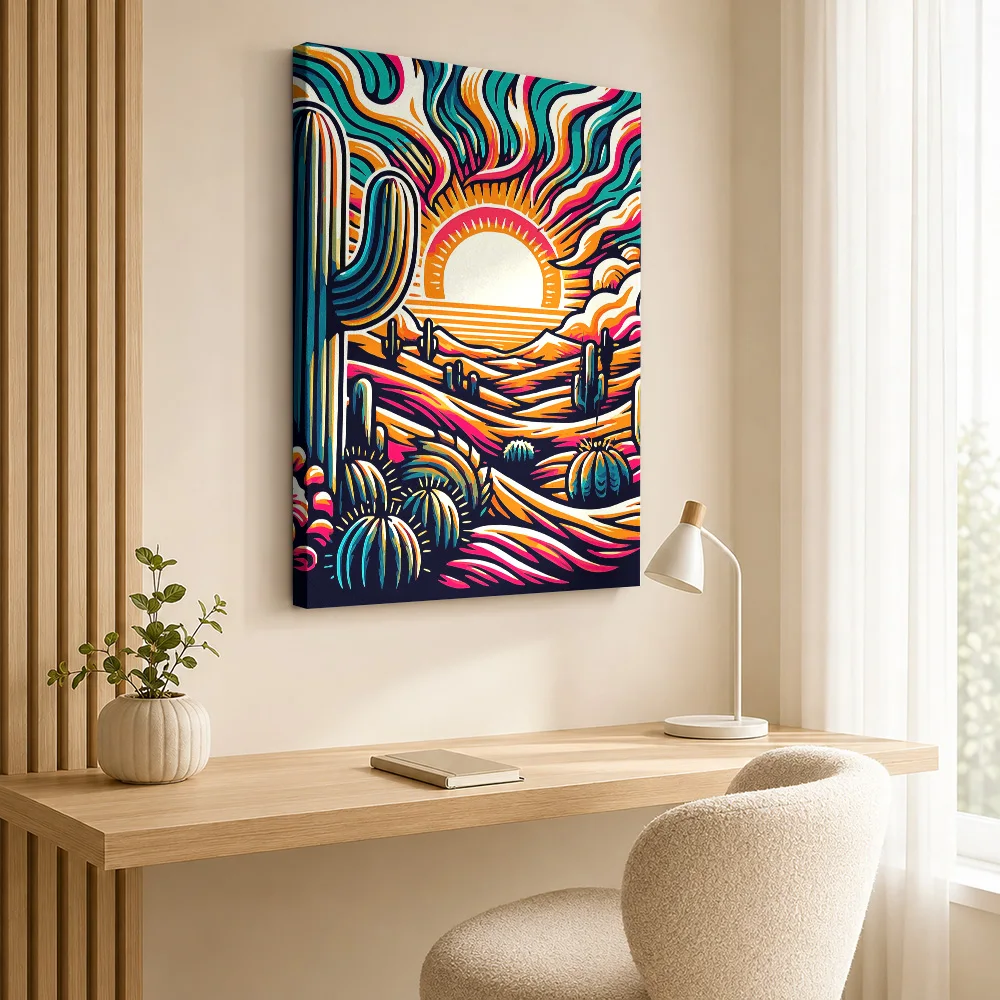Cactus Desert Beneath Radiant Sunset Framed Canvas Print Personalized Photo Surreal Color Illustration Wall Art For Guest Room