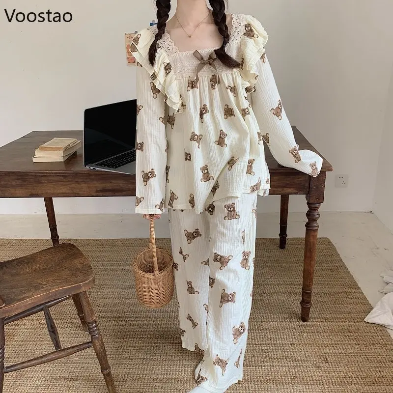 Bonito pijama feminino japonês doce quarto usar rendas babados kawaii urso impressão 2 peça conjunto primavera outono casual pijamas