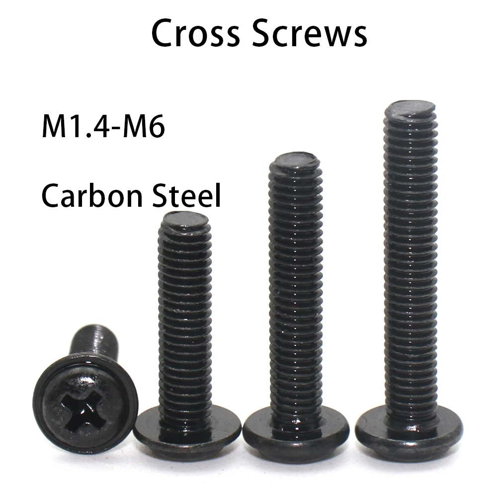 

M1.4 M2 M2.5 M3 M3.5 M4 M5 M6 80/40/20/10pc Black Carbon Steel PWM Cross Phillips Pan Round Head With Washer Collar Screw Bolt