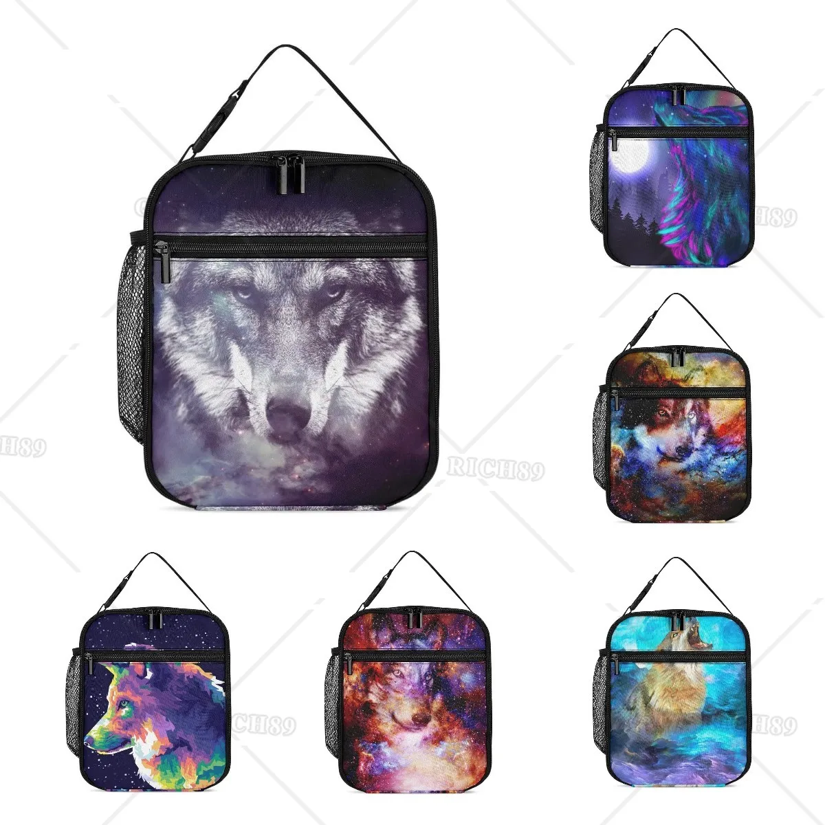 Galaxy Wolf Face Insulated Lunch Box Portable and Reusable Lunch Bag Small Cooler Large Capacity Lunchbox for Work Picnic Travel