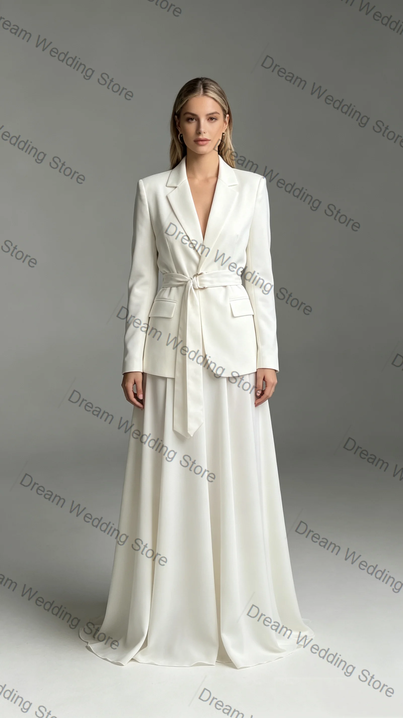 White Cotton Women Suit Set 2 Pcs Blazer Prom Dress Belted Cotton Wedding Formal Office Lady Jacket Customized Bridal Coat
