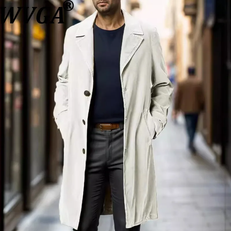 

WVGA весна осень новые мужские однобортные однобортные однотонные плащи средней длины нишевые шикарные повседневные куртки с отложным воротником W15843