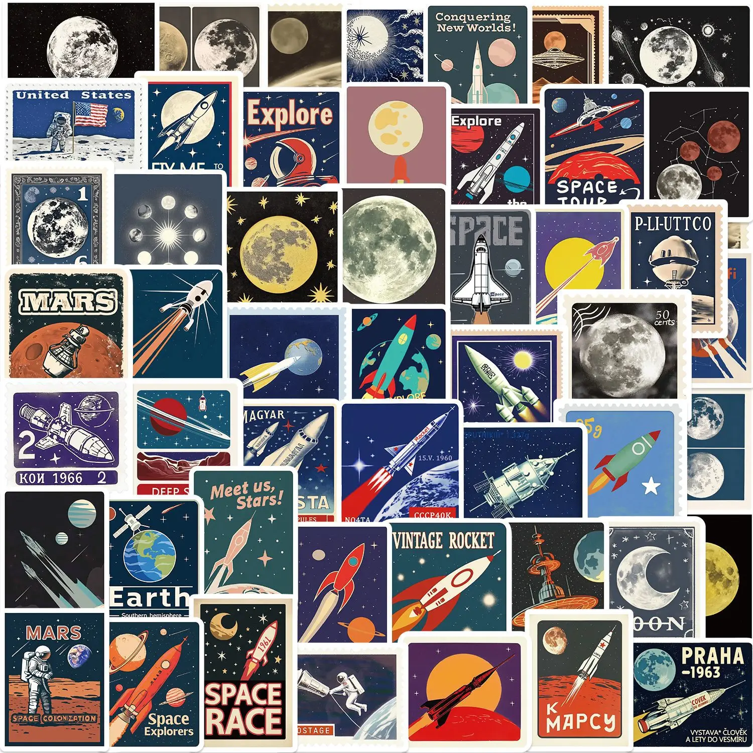 

50Pcs Space Tourism Stamp Series Stickers Suitcase Phone Case Water Bottle Waterproof Decoration Diy Sticker Packs